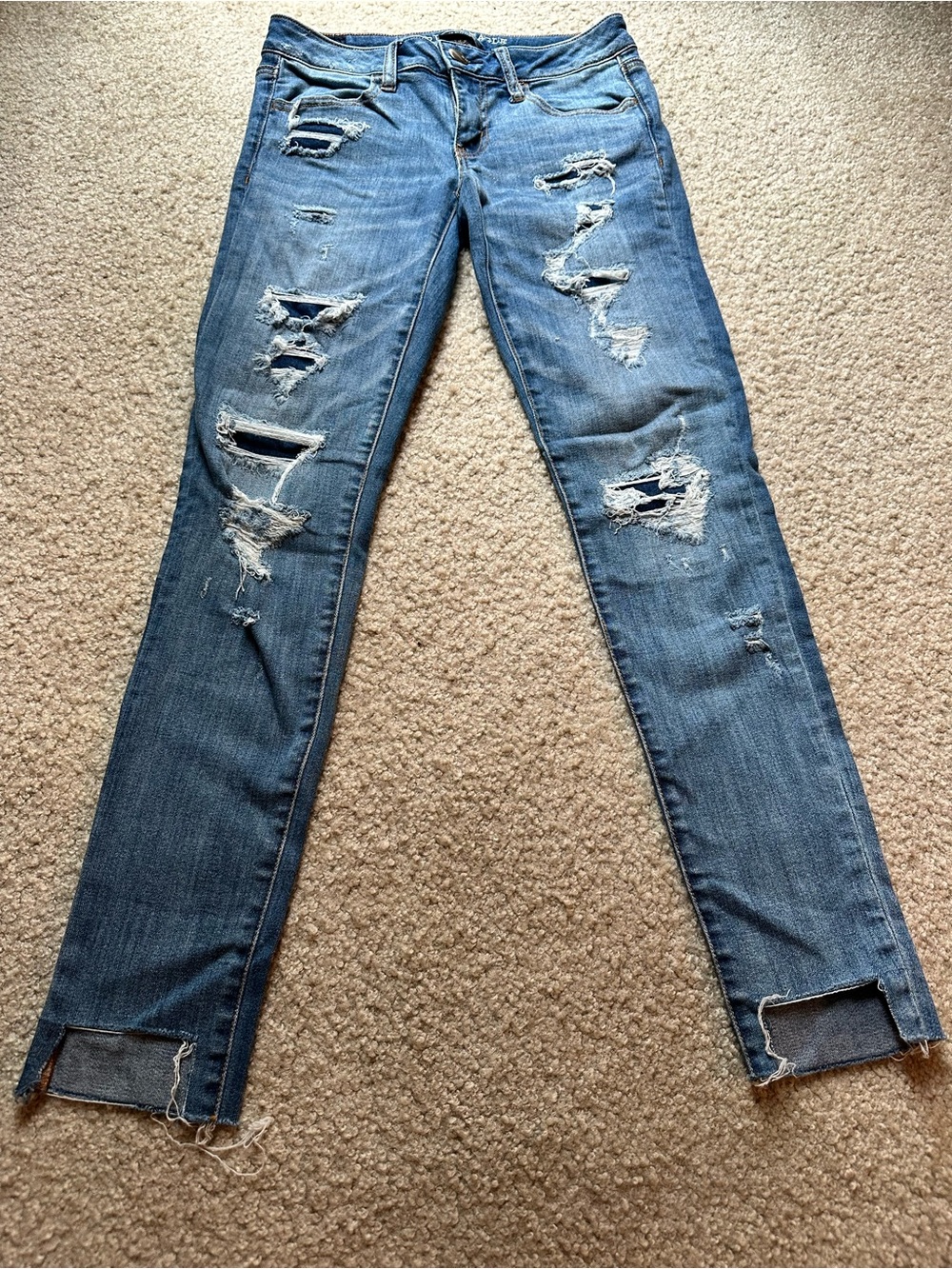American Eagle Outfitters Distressed Skinny Jeans in Blue Denim